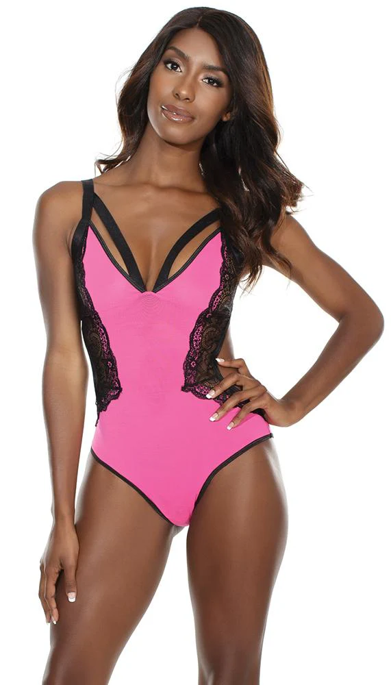 Hot Pink And Black Crotchless Teddy With Lace Detail - Image 3
