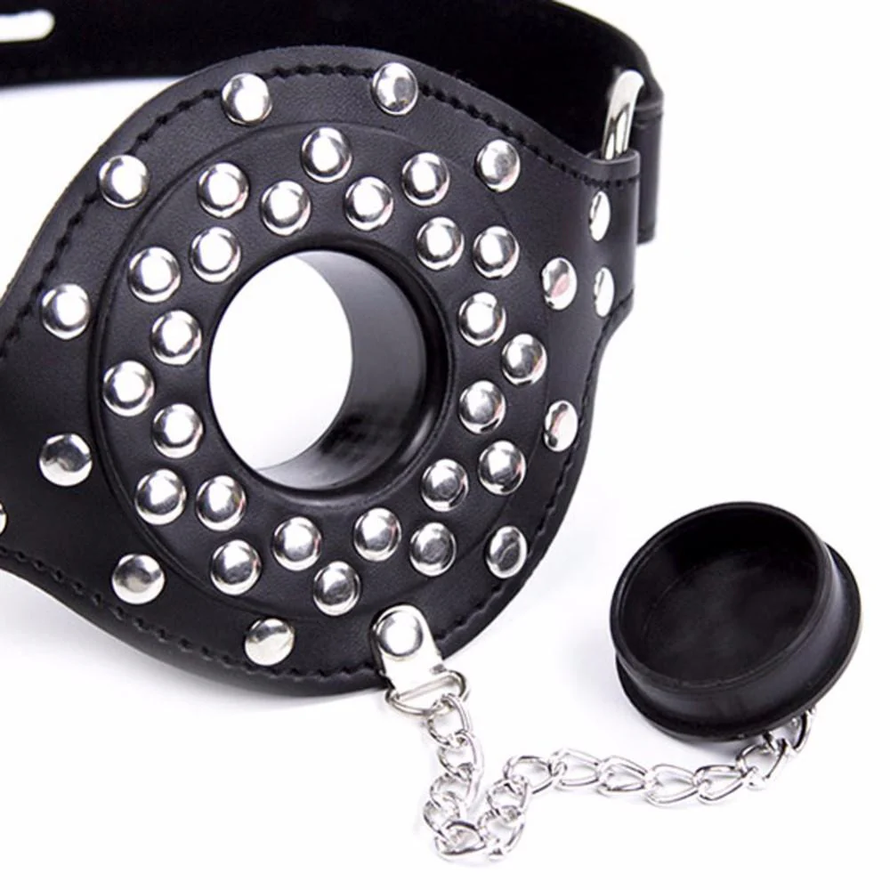 Leather Studded Open Mouth Feeding Gag - Image 5